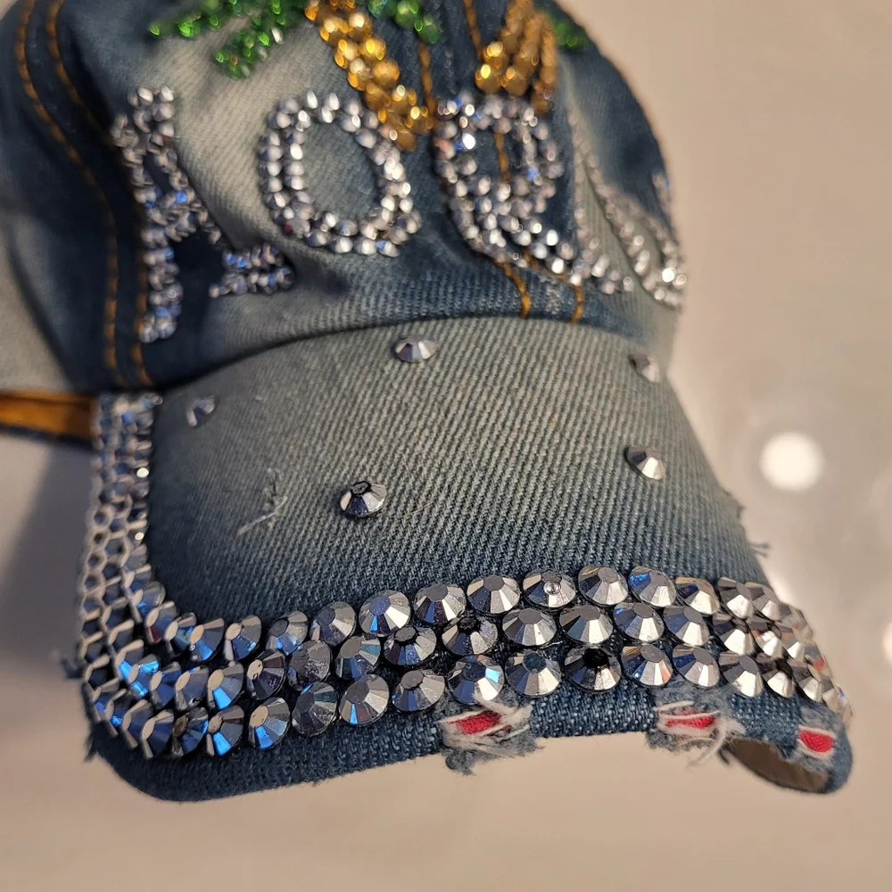 Florida Palm Trees Bedazzled Vintage Look Denim Asjustable Adult Ball Cap